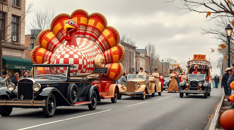 感恩节游行复古汽车与巨型火鸡气球