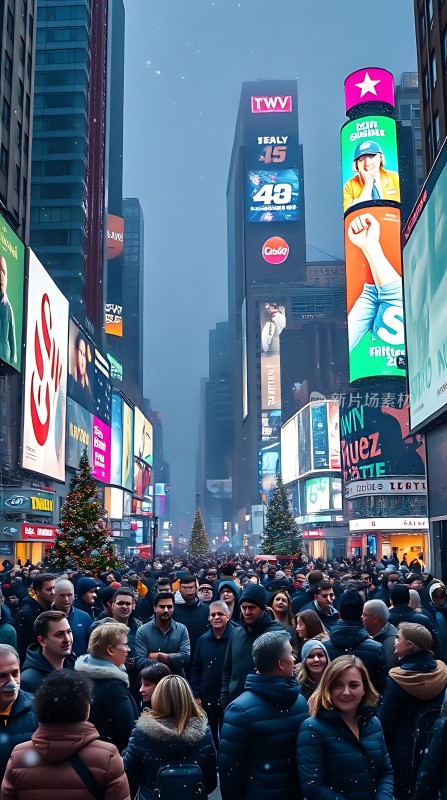 繁华都市街头人群熙攘霓虹闪烁节日氛围浓厚