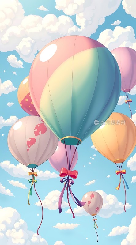 七彩热气球飘浮在蓝天白云间