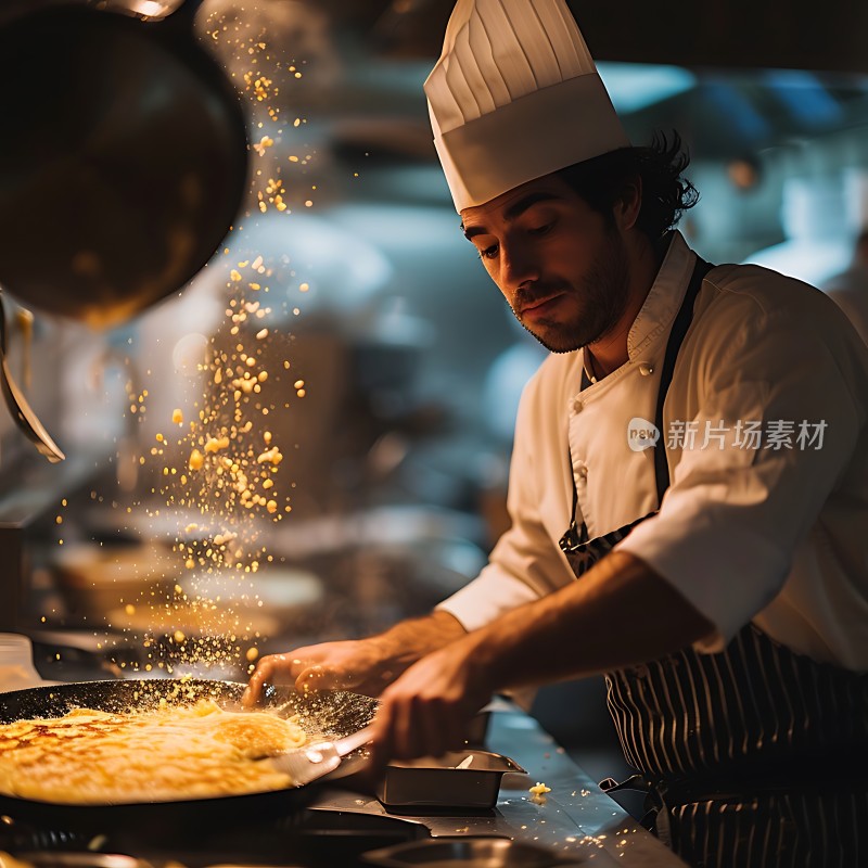 厨师烹饪美食金黄食材飞溅展现厨艺魅力