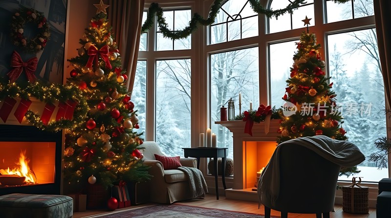 温馨圣诞火炉旁的节日盛宴