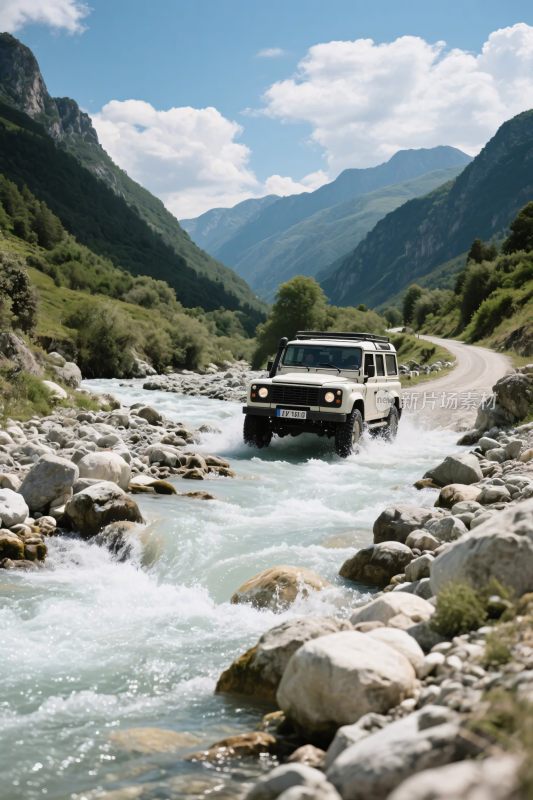 越野车穿行于山间溪流
