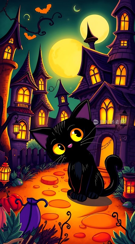 万圣节之夜的黑猫与南瓜灯