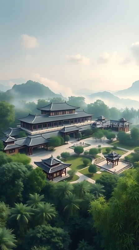 古风建筑群绿树环绕云雾缭绕