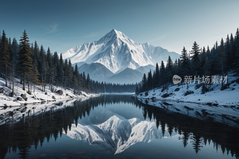 山倒映在被白雪覆盖的树木包围的湖泊中风景