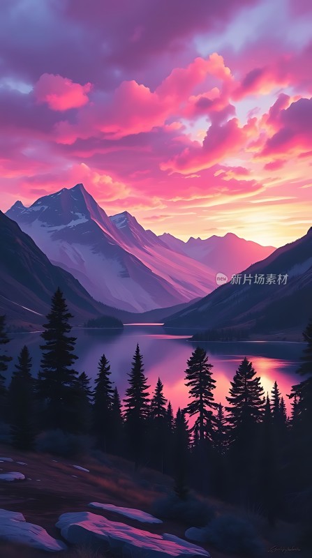 日落下的雪山湖泊美景