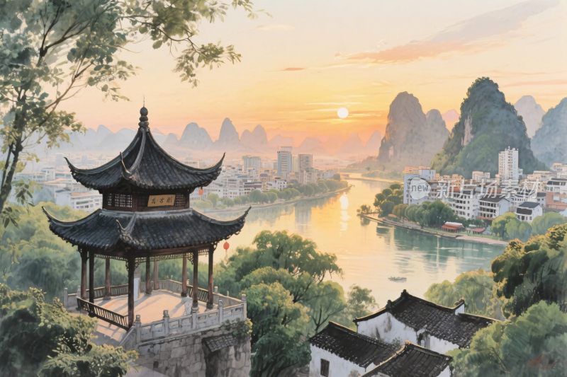 山水古亭风景插画