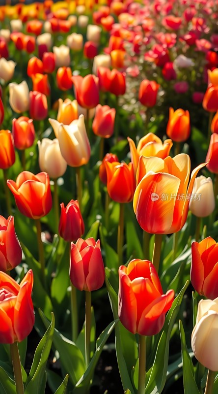 阳光下的多彩郁金香花海