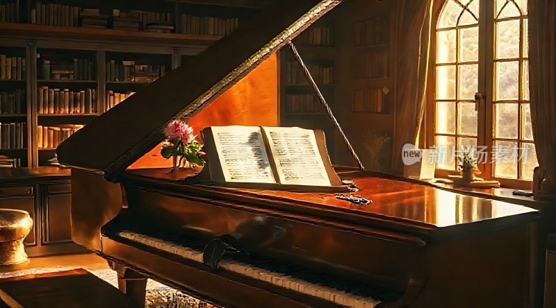 阳光下的钢琴与乐谱
