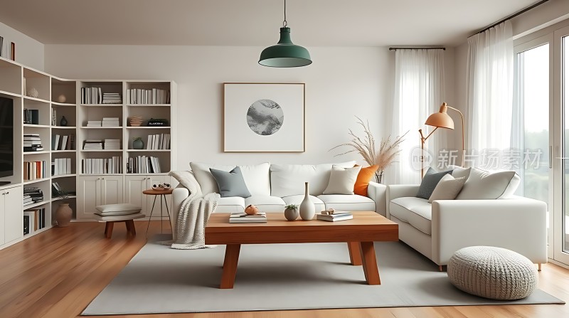 现代简约客厅白色沙发、木质茶几与书架营造温馨氛围
