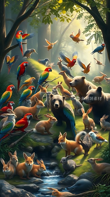 森林交响曲鸟语花香与动物和谐共处