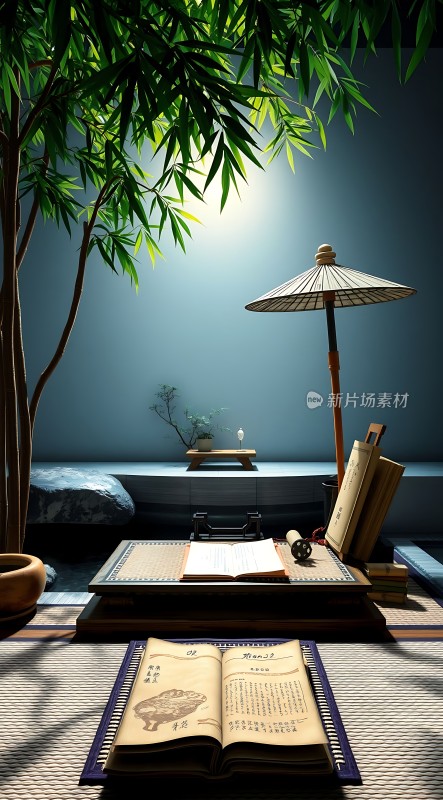 竹影斑驳下的古风书房