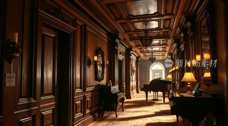 豪华大厅里的钢琴与灯光