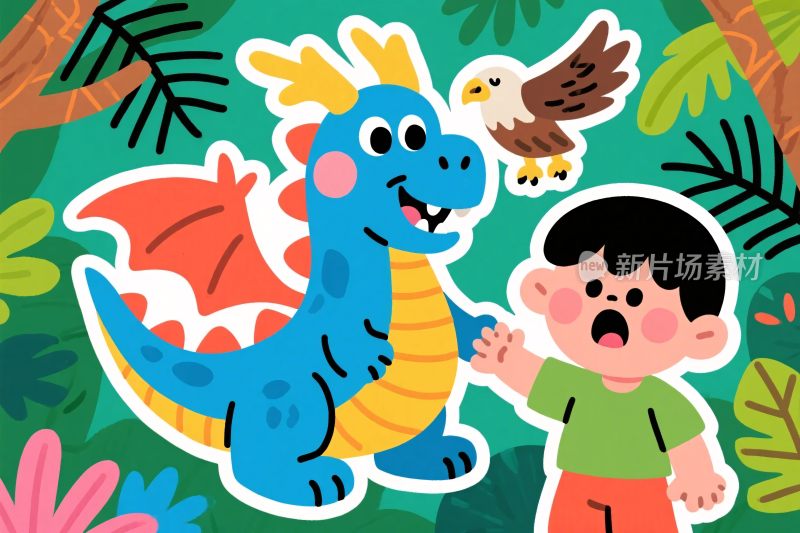 卡通恐龙小孩插画