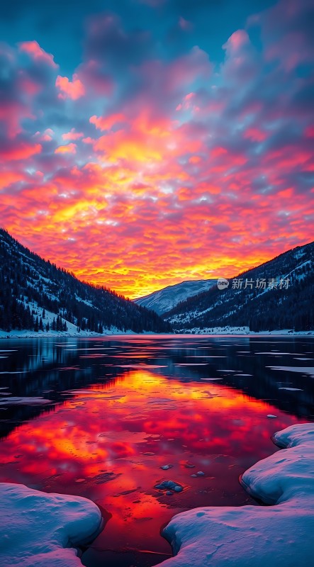 雪山红霞映湖畔冰封美景入眼帘