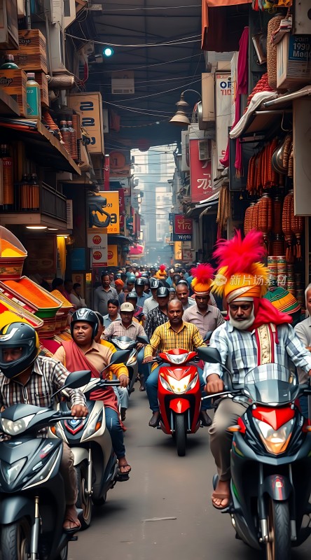 印度街头摩托车的喧嚣与色彩斑斓的市场