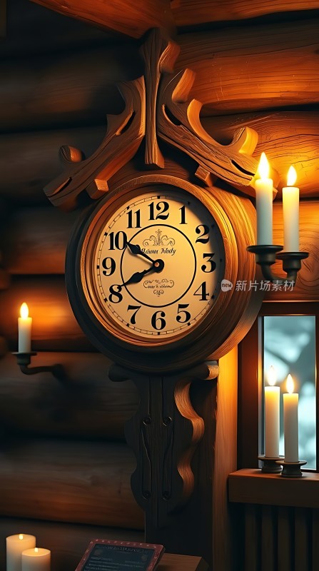 温馨木屋里的古老时钟与蜡烛