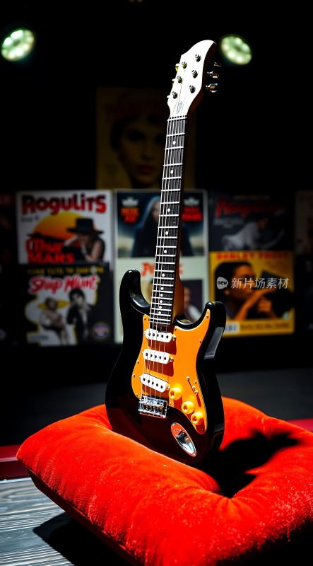 红色吉他靠垫上的摇滚明星