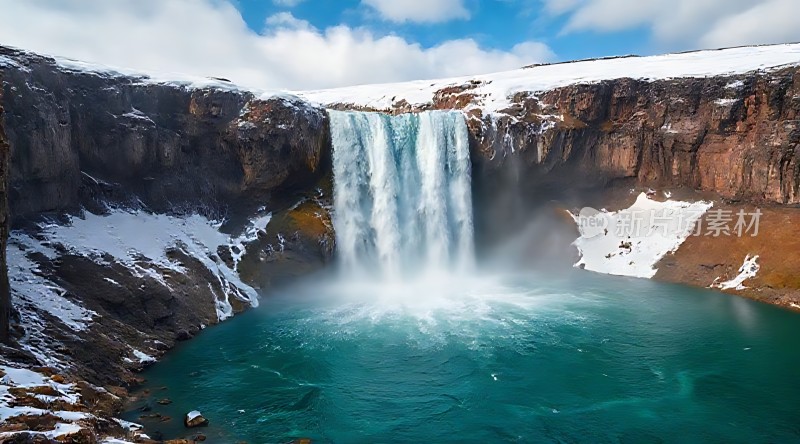 冰岛瀑布奇观雪峰环绕下的碧波飞流