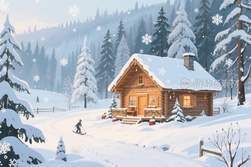 冬日雪景木屋插画