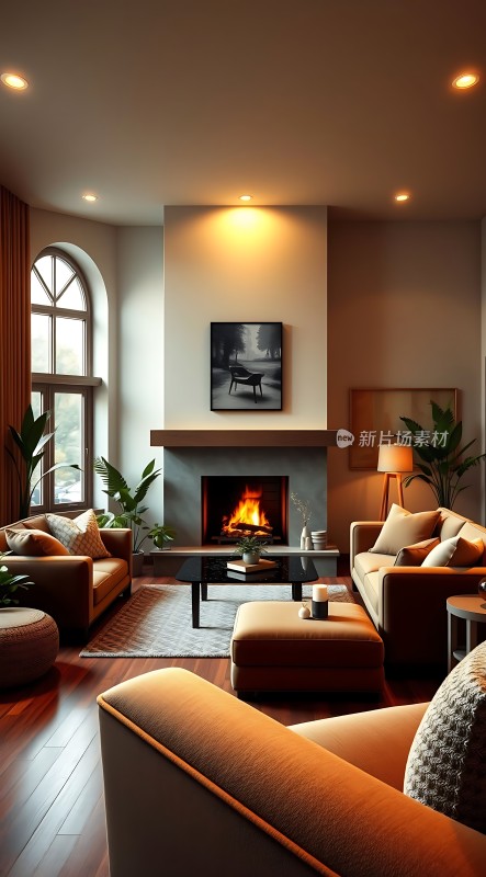 现代客厅温馨壁炉沙发装饰画