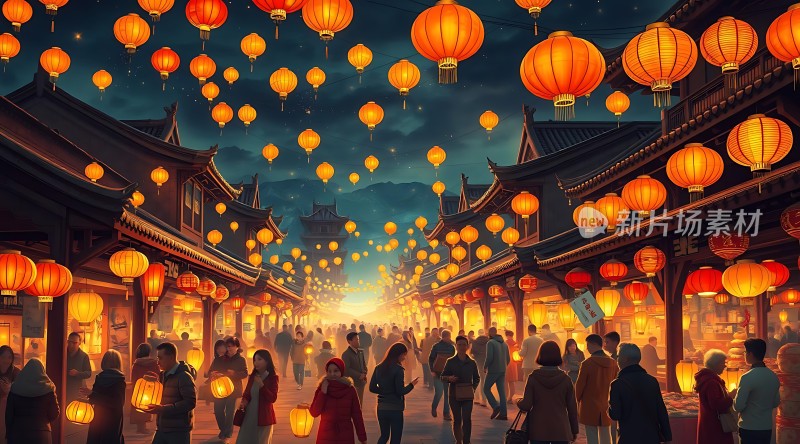 灯笼夜市繁华街景