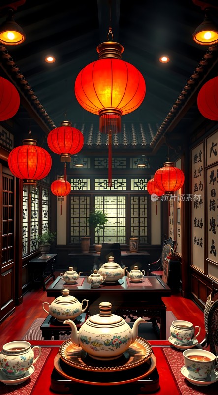 古色古香茶馆红灯笼映照传统韵味