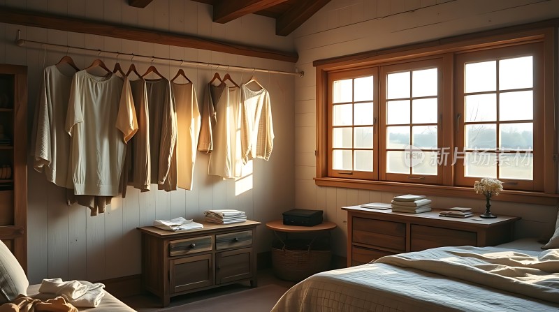 阳光洒满温馨卧室衣物整齐悬挂床铺整洁舒适