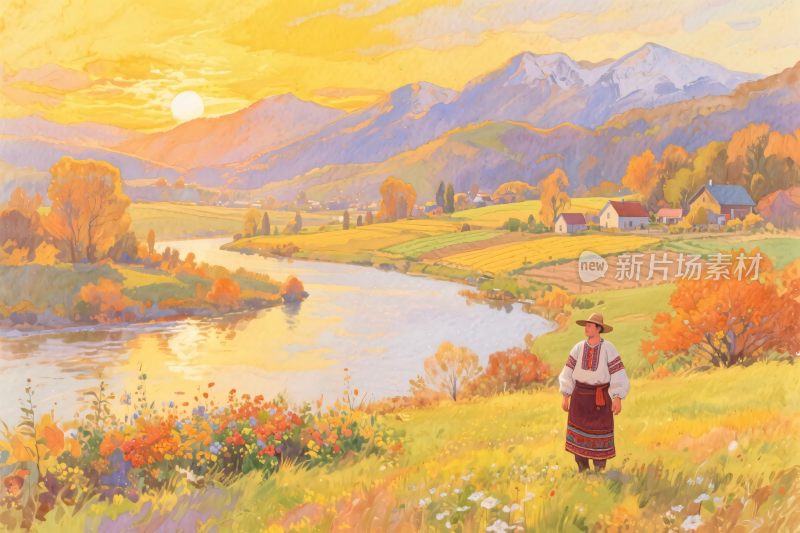 田园风光油画插画