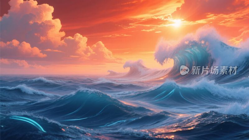 海上壮丽日落与汹涌波浪