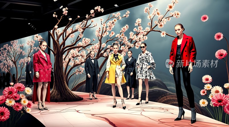 时尚模特展示春日花卉主题穿搭