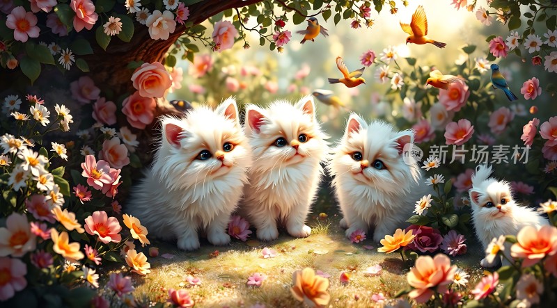 四小猫花丛中嬉戏