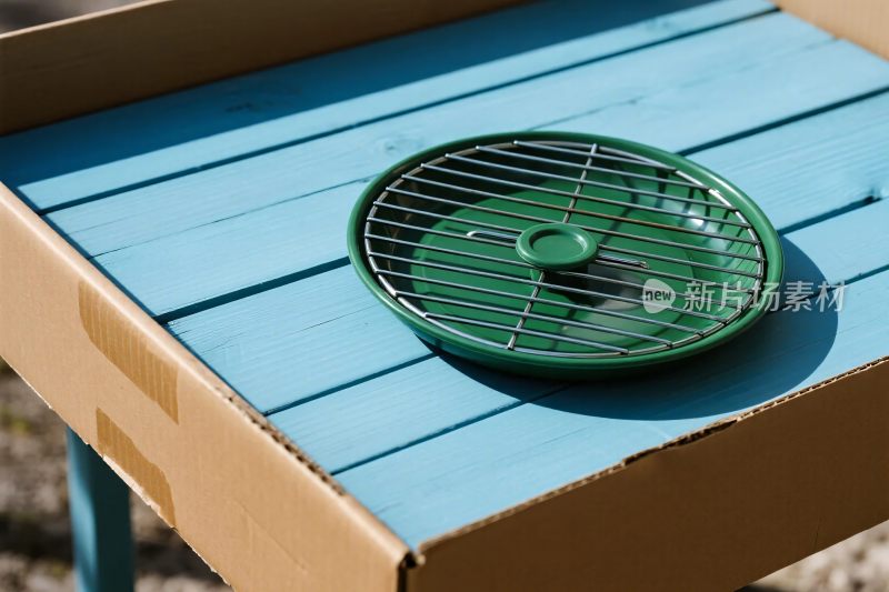 纸箱上绿色电风扇
