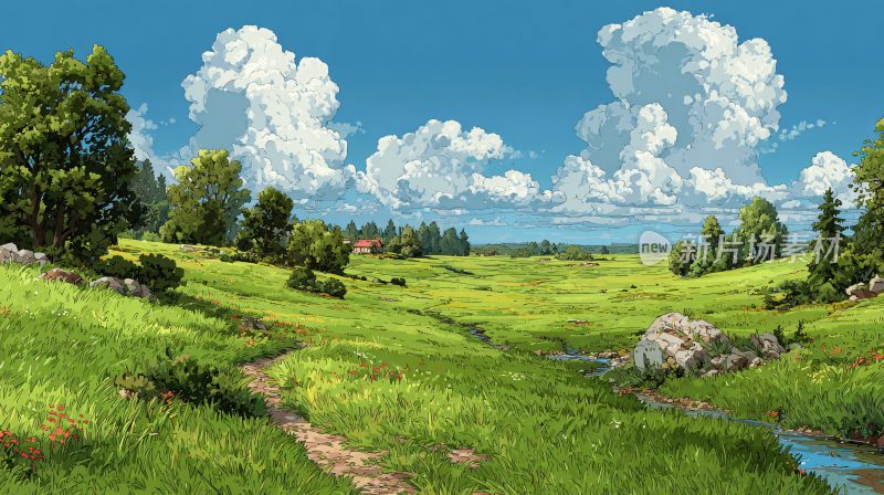 夏日绿野蓝天白云风景图