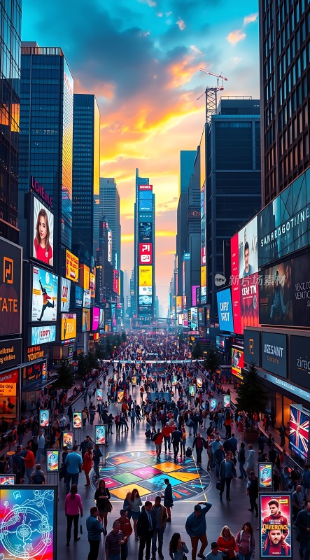 繁华都市夜景霓虹闪烁人群熙攘