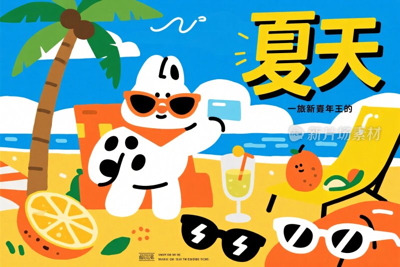 夏日沙滩卡通形象休闲场景