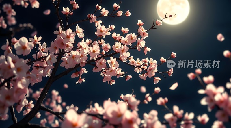 春夜月下樱花雨