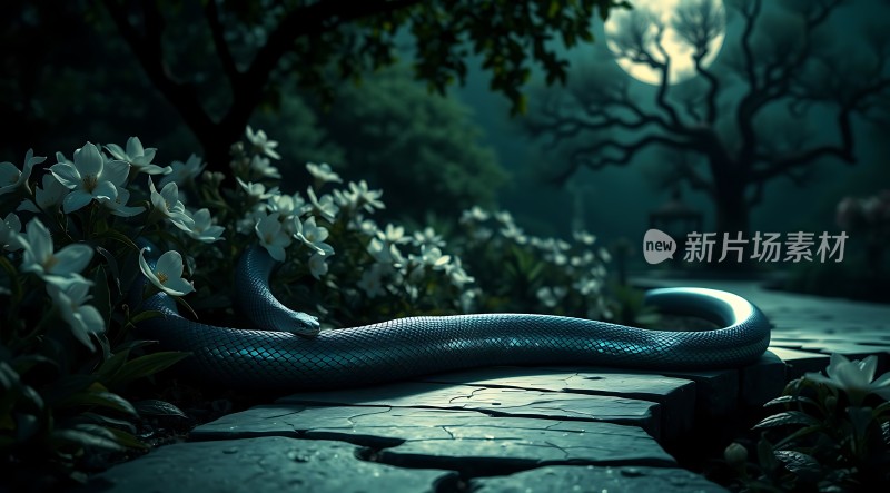 蓝蛇静卧花丛中