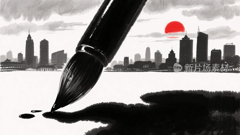 毛笔绘城市景象插画