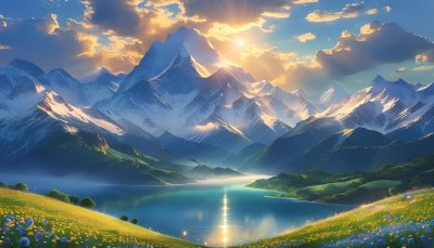 雪山下的宁静湖泊 雪山 湖泊 草地 鲜花