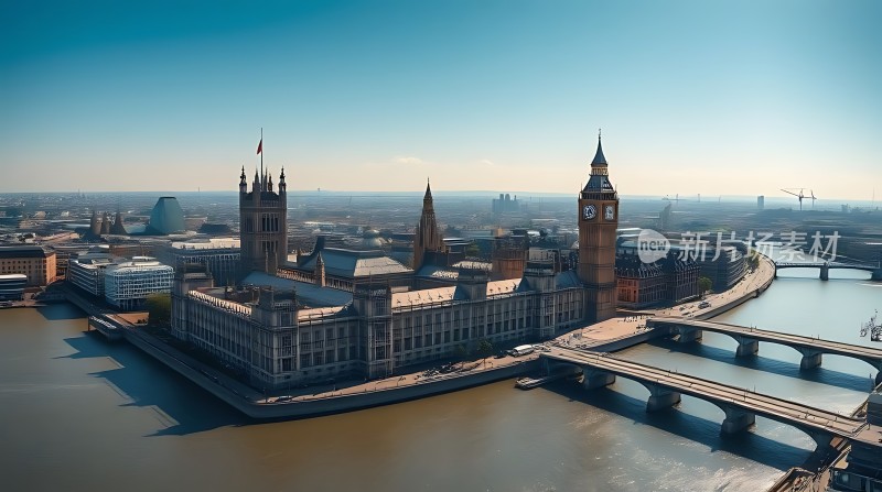 伦敦泰晤士河畔议会大厦与钟楼美景