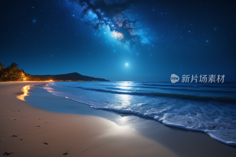 海滩上的星夜有满月和海滩高清风景风光图片