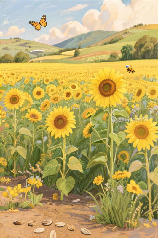 向日葵田园风景插画