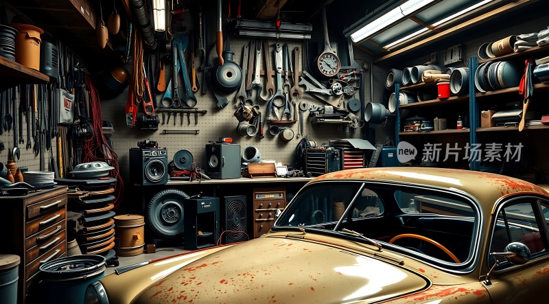 复古车库里的经典汽车与工具