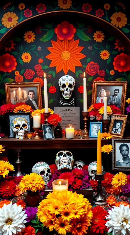 亡灵节祭坛骷髅与鲜花共舞