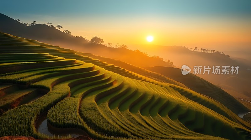 梯田晨曦阳光洒满大地