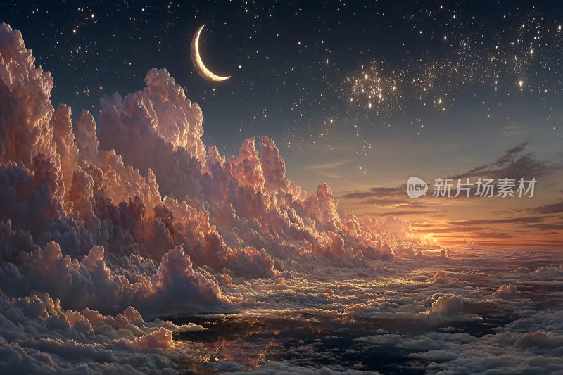 梦幻星空下的云海日出景象