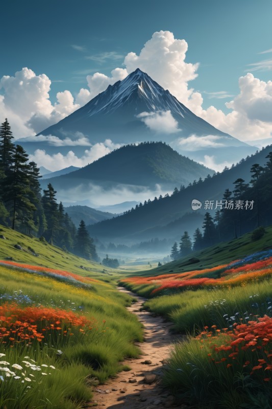 一座山一条通往草地的小路高清风景图片