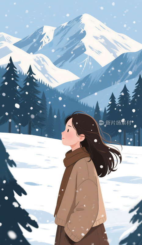 扁平风格冬天雪地里的女孩插画