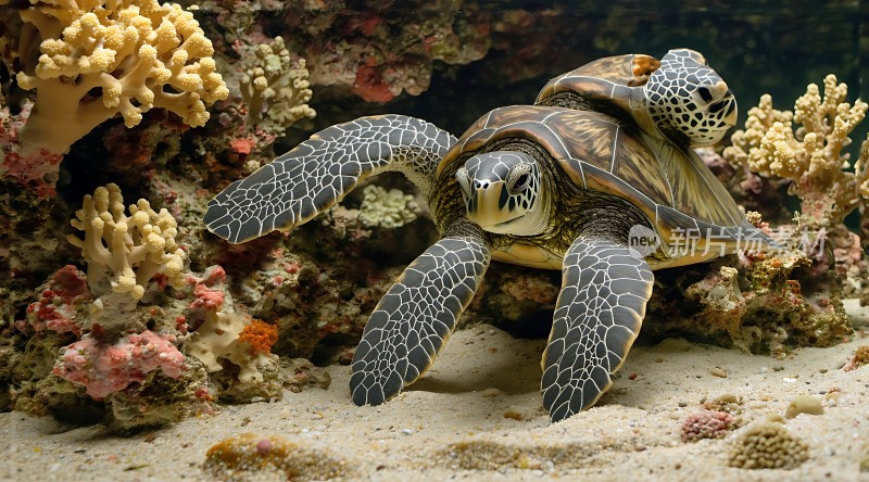 海龟与珊瑚共舞水下世界